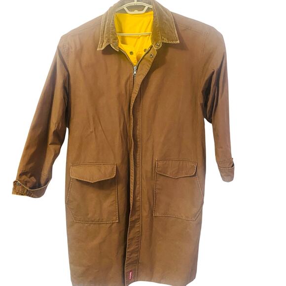 Marlboro Vintage Reversible Long Raincoat Brown Yellow Pockets Zip Closure Sz M - Picture 1 of 14
